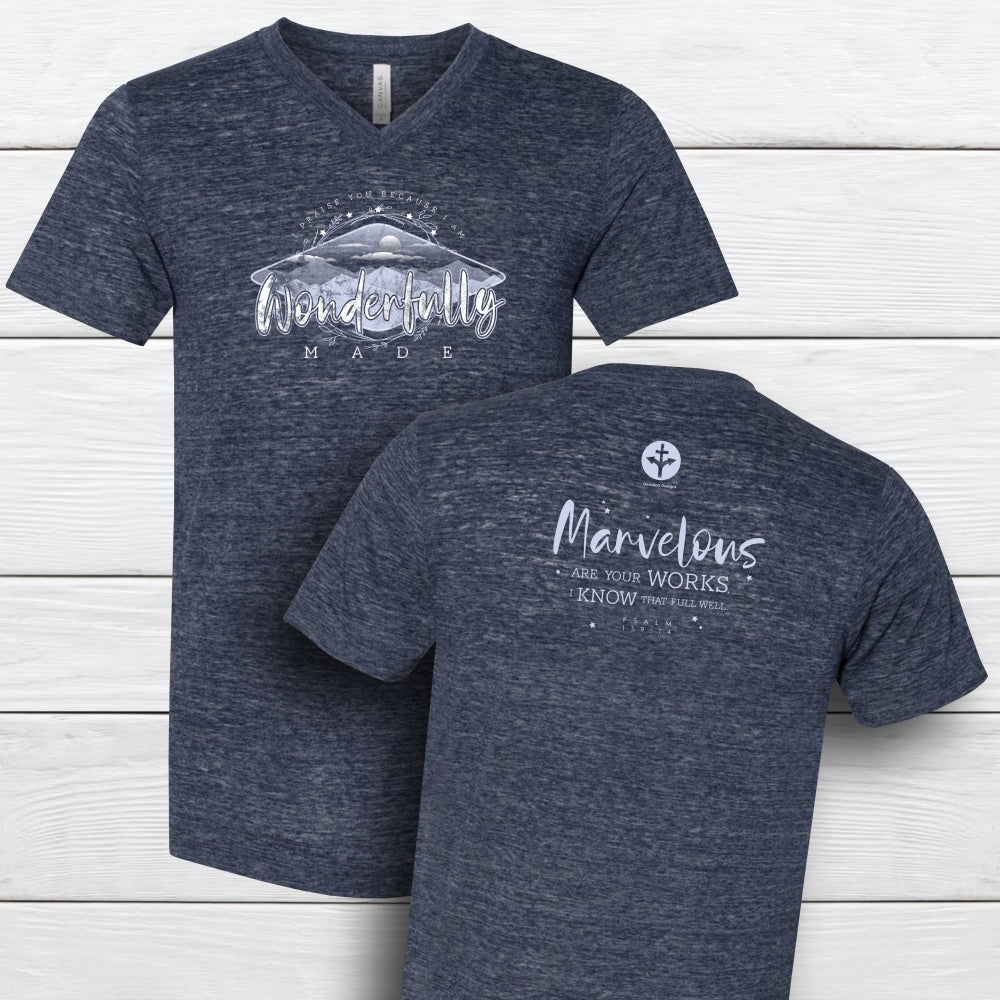 Fearfully & Wonderfully Made V-neck Tee - M, Navy Slub image