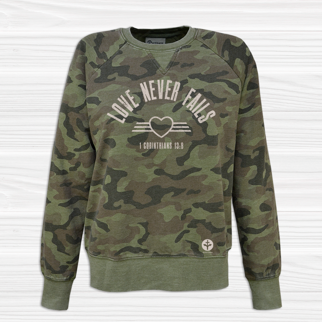 Women's Camo Sweatshirt - Love Never Fails - 2X, Olive Camo image