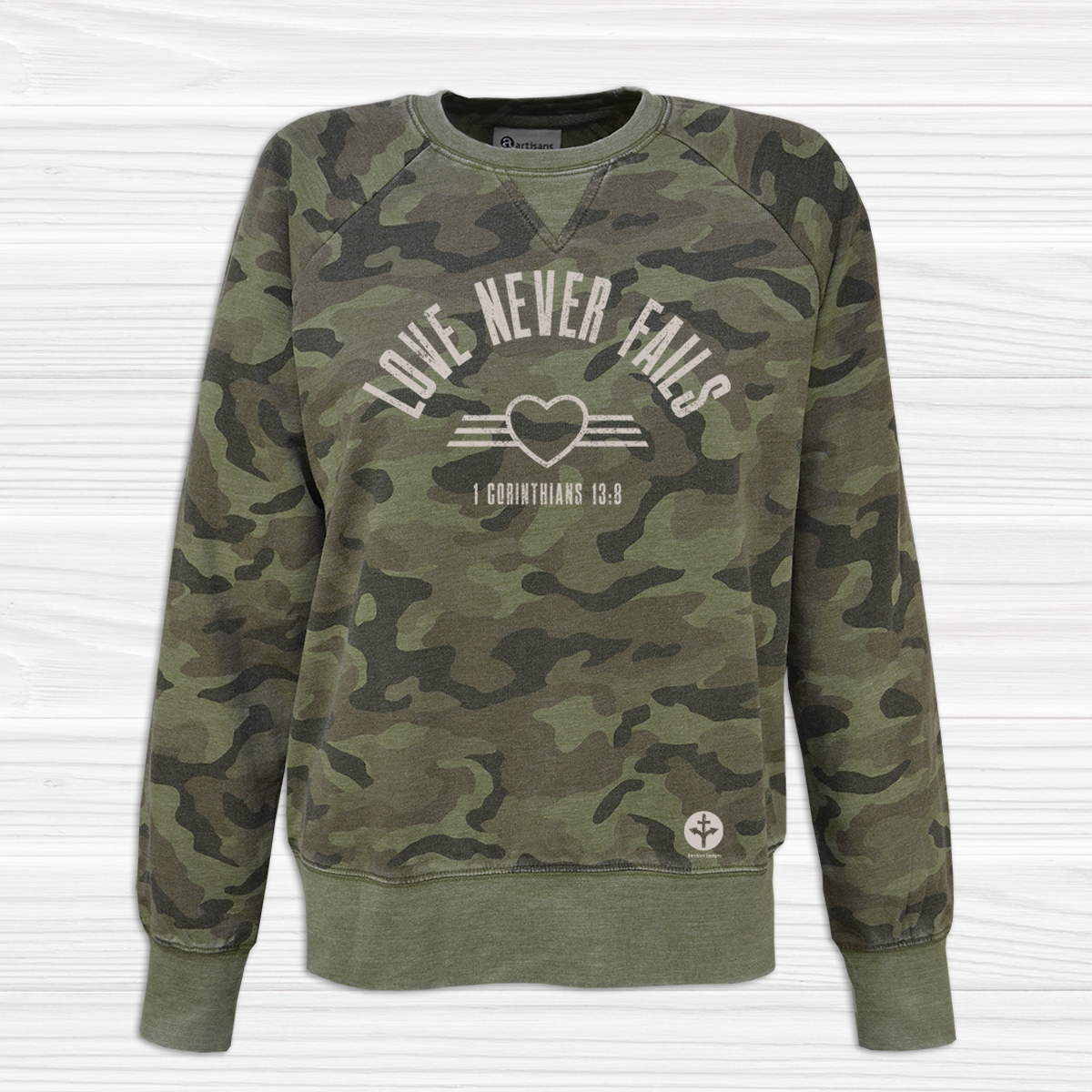 Women's Camo Sweatshirt - Love Never Fails - 2X, Olive Camo image