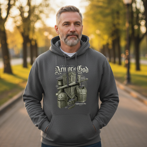 Man wearing a gray hoodie with Armor of God graphic design in a park