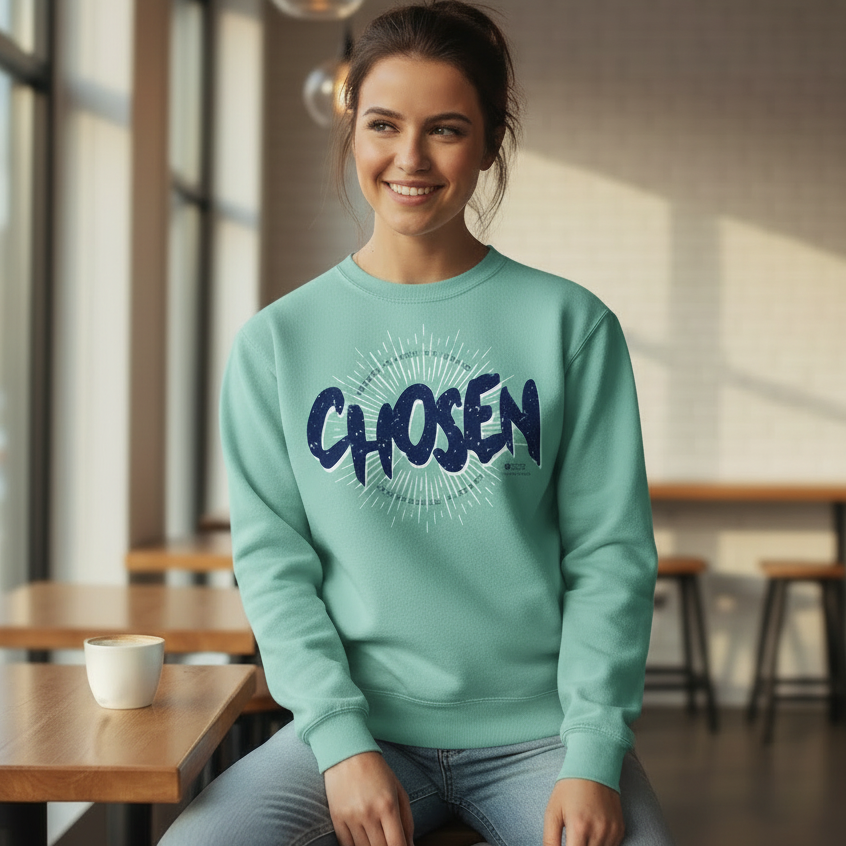 Woman wearing a light blue sweatshirt with 'CHosen' text in a modern cafe setting